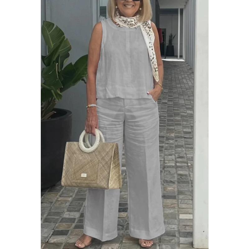 VEZFAA Pantalons décontractés à col rond pour femmes, couleur unie, imprimés, sans manches, à la mode, été, printemps