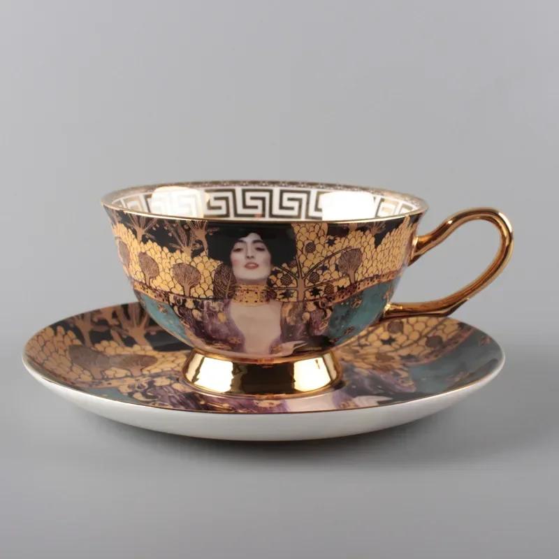 European Coffee Cup Saucer Bone China Ceramic Cup Water Cup Afternoon Tea Cups Gift Practical Gold Handle  with Saucer