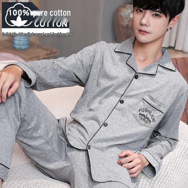 Men's 100% Cotton Long Sleeve and Pants Pajama Set - Plus Size, Spring/Autumn, Loose Fit, Two-Piece Home Wear