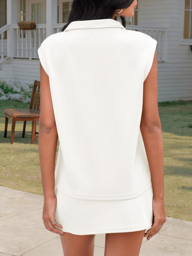 Womens Summer Tennis Skort Set Half Zip Sleeveless Top and Athletic Skirt