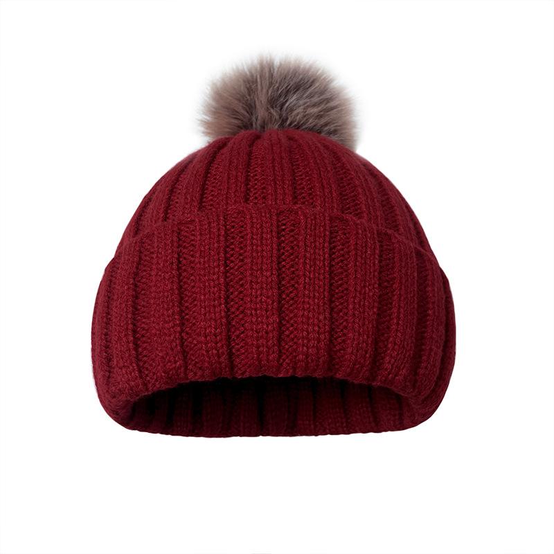 Autumn Winter New Fashion Beanie Acrylic Pullover Solid Color Knitted Hairball Velvet Padded Flanging Plus Custom Winter Hats