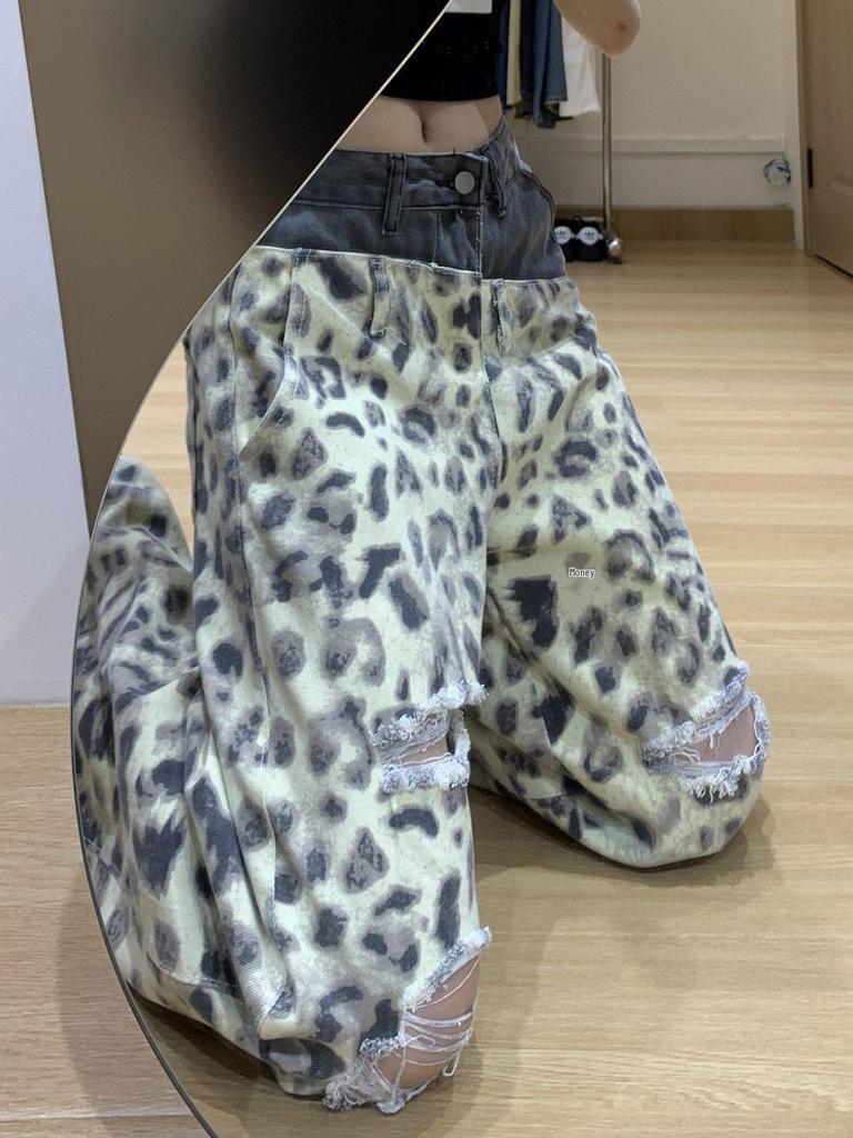 Women's Leopard Print Ripped Wide-Leg Jeans with Double Waistband - Slimming Patchwork Floor-Length for Early Autumn.