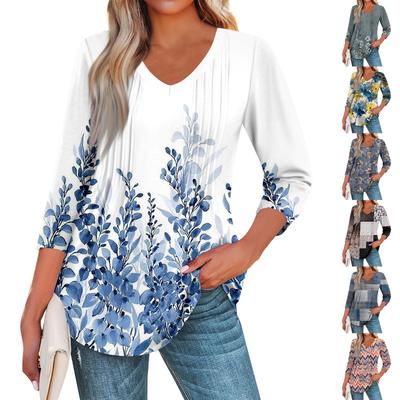 Moda Feminina Casual Tops de Manga 3/4 Plissados Roupas de Moda Camiseta Tops