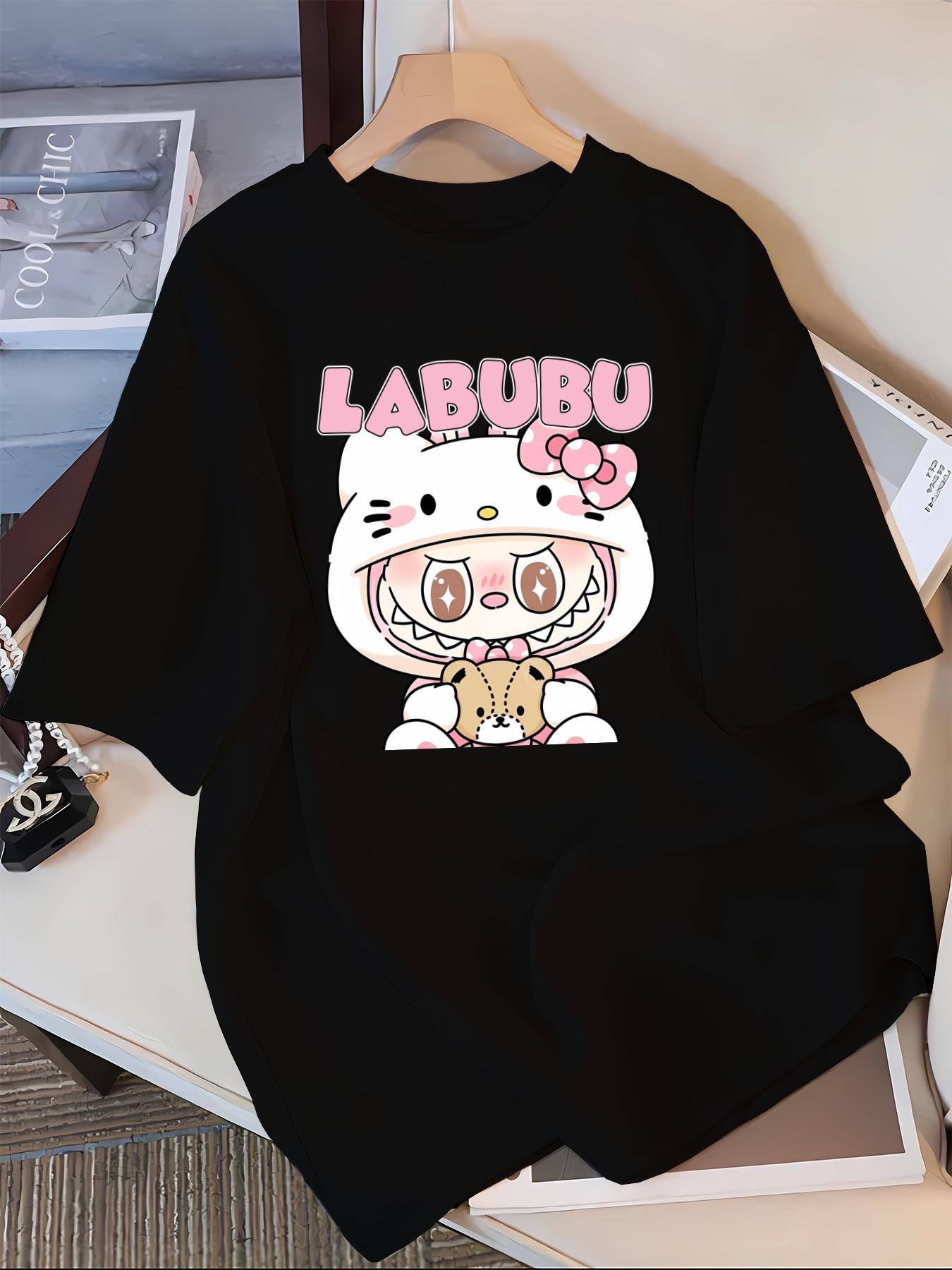 

Футболка Labubu Cartoon Print Casual, полиэстер 100%, круглый вырез, короткий рукав, топ для весны/лета/осени - трикотажная ткань, футболка для взрослых, унисекс 4XL