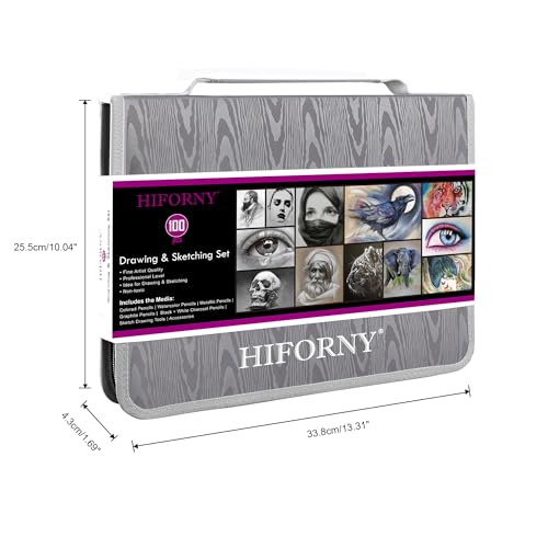 HIFORNY Professional Drawing & Sketching Set: Includes Graphite, Charcoal, Color, Watercolor, and Metallic Pencils, Blending Tool, Sketchbook, Colorin