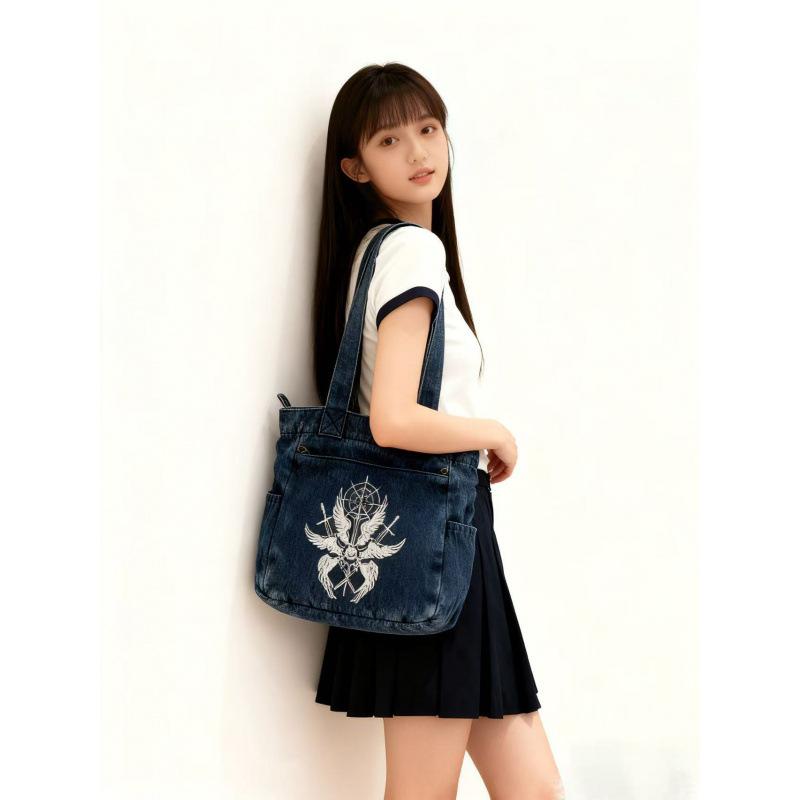 

American Retro Graffiti Printed Denim One-shoulder Canvas Tote Bag Niche Design Daily All-matching Commuting Underarm синій