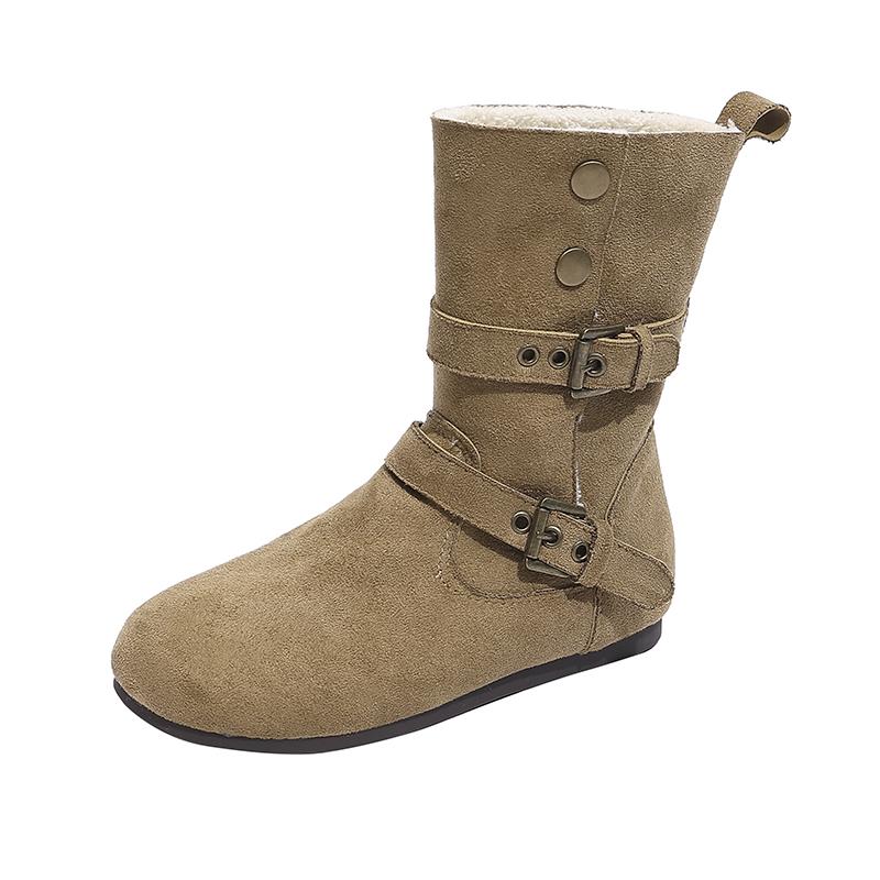 Plush Mid-Tube Boots Women Winter Suede Metal Buckle Warm Belt Buckle Flat Cotton Shoes