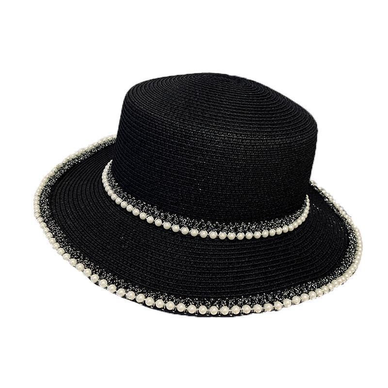 Hat Women's Summer Beach Seaside Travel Straw Hat Pearl Sunscreen Hat Premium Sense UV Protection Sun Hat