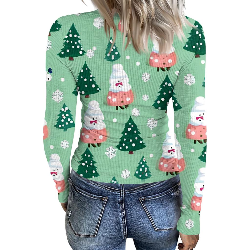 Damska modna koszulka bazowa slim-fit z okrągłym dekoltem, z nadrukiem świątecznym, z długim rękawem