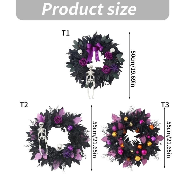 Halloween Front Door Wreath, Artificial Floral Wreath with Black Purpler Leaves Hanging Decoration for Front Door Entryway Wall