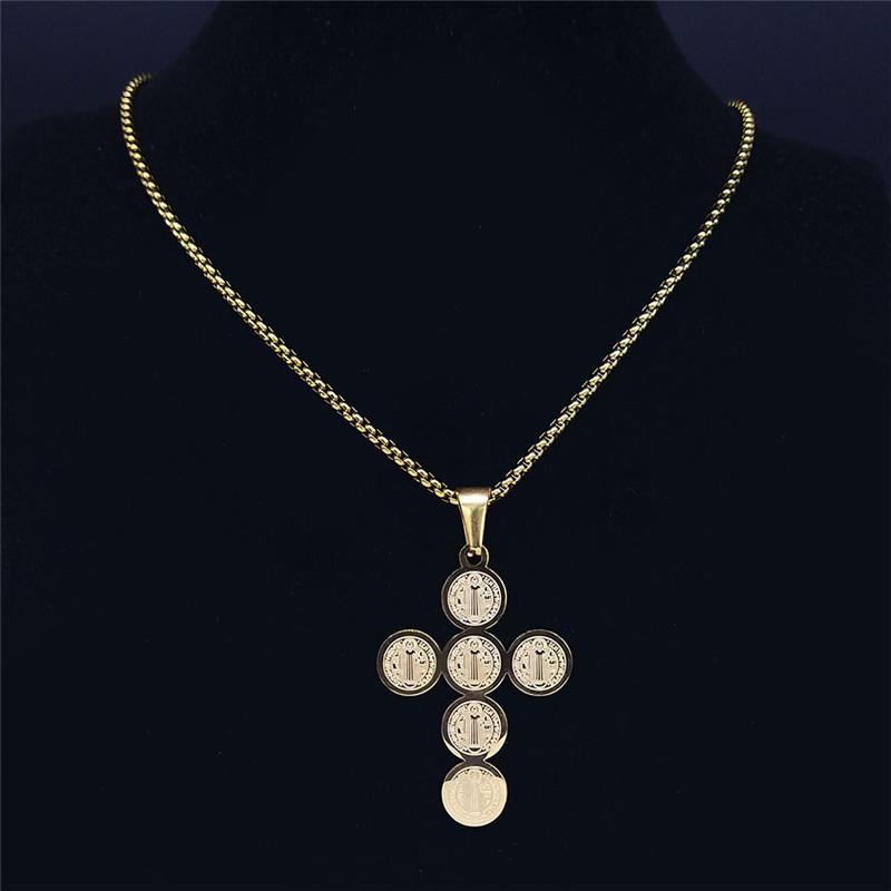 Saint Benedict Cross Necklace Stainless Steel Gold Color Religious Jesus Necklaces Catholic Jewelry colier homme NXH39S02