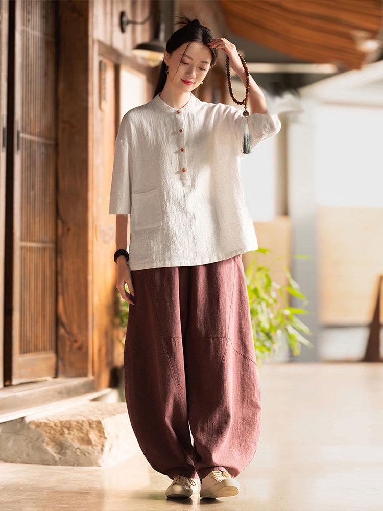 Women's Cotton Linen Zen Meditation Suit with Frog Button Shirt