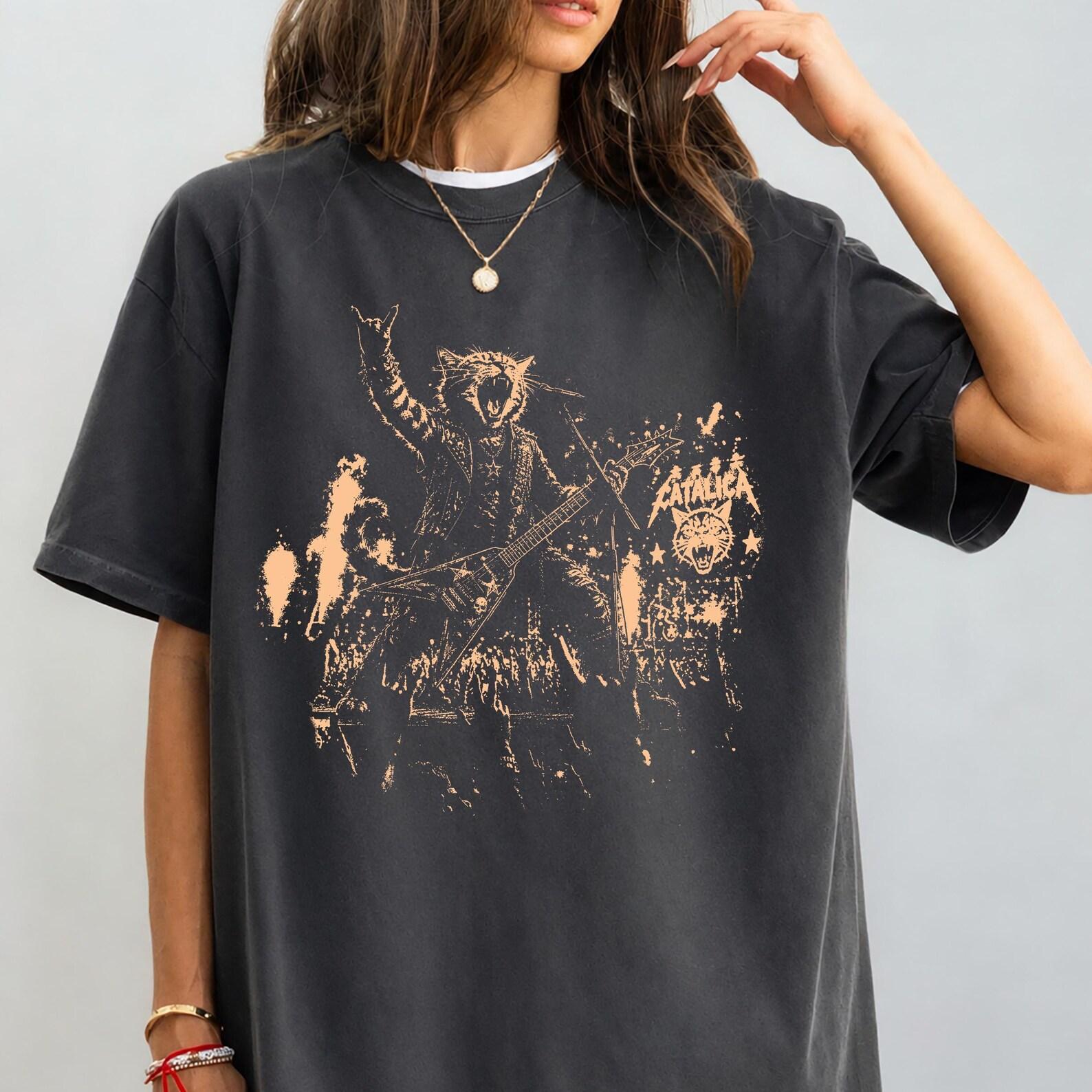 Rock And Roll Cat Shirt, Electric Guitar Kitty Comfort Colors Tee, Vintage Band Graphic, Funny Music Lover Gift S
