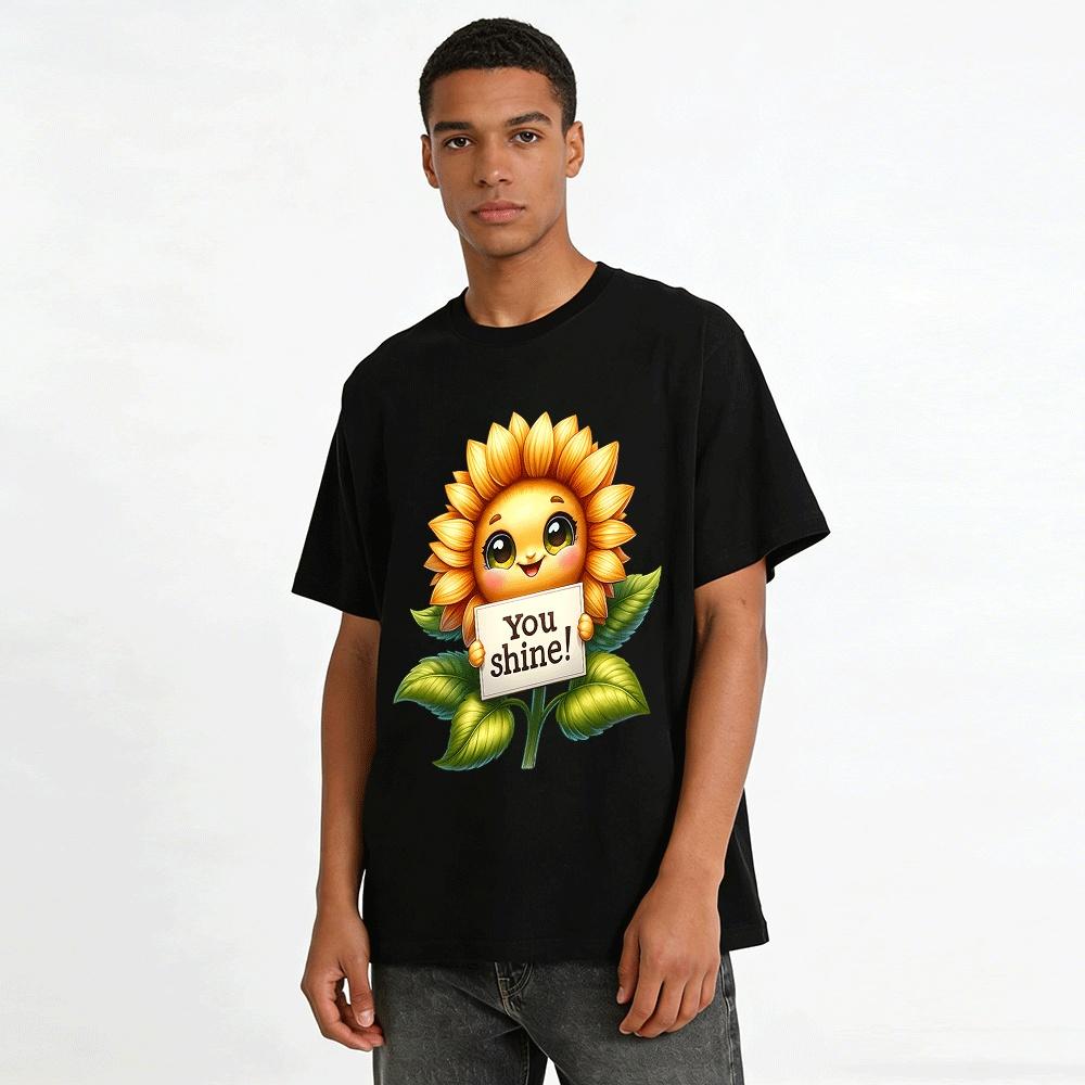 Cheerful Sunflower Print Top You Shine Themed Casual Tee Pure cotton T-shirt