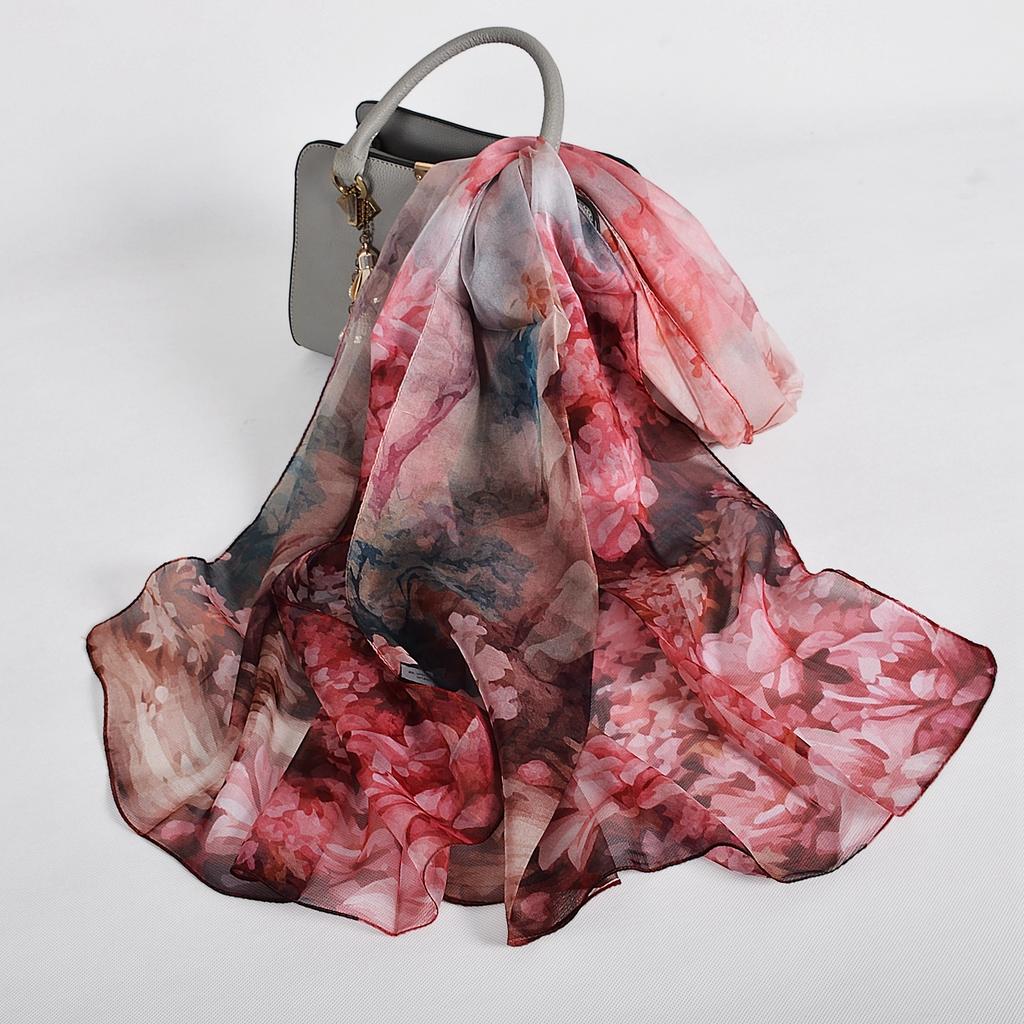 [BYSIFA] 100% Silk Chiffon Scarf Female Brand Leaves Design Grey Khaki Long Scarves Beach Shawls Fall Winter Women Neck Scarves