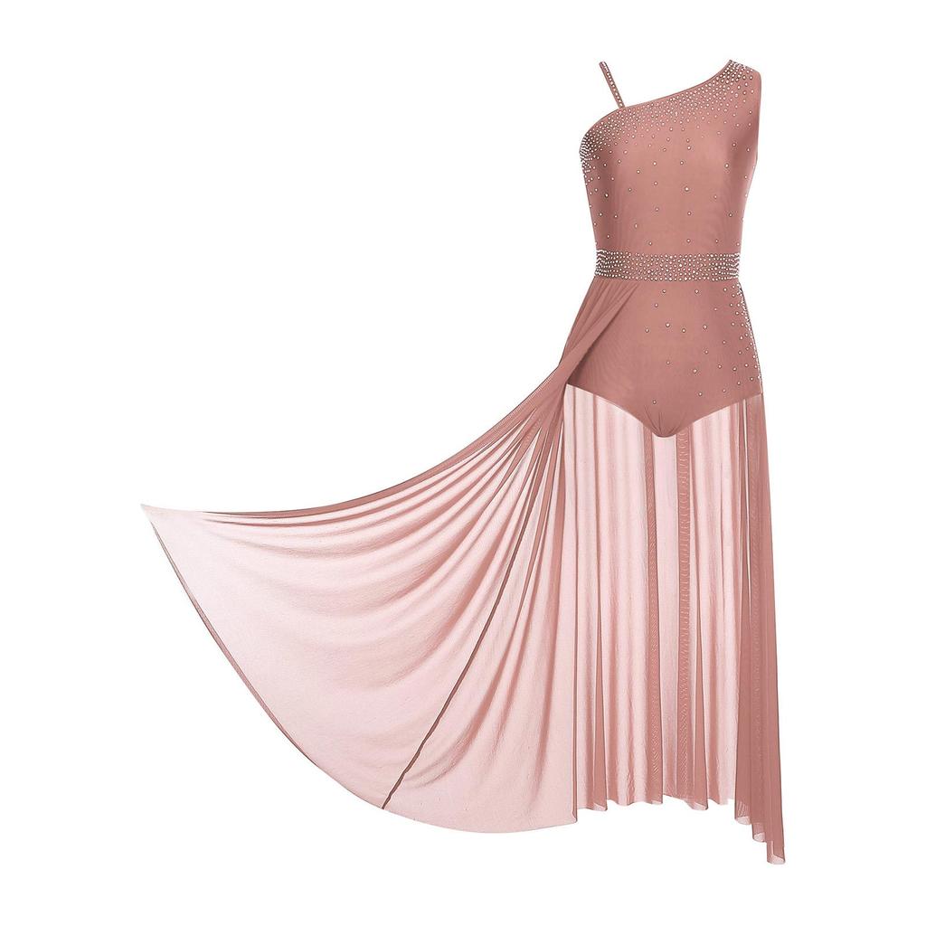 Womens Lyrical Dance Dress Glittery Rhinestones Asymmetrical Shoulder Sleeveless Split Sheer Mesh Performance Gown
