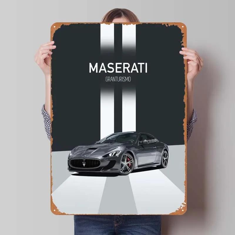 Maserati Plåtskylt Bilar Poster Dekoration för Hemdekorationer Retro Metallskylt Plakett för Garagsväggkonstdekoration Rum