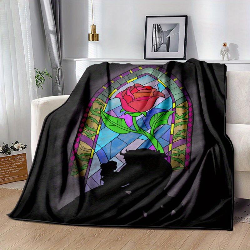 1pc Stained Glass Rose Window Silhouette Blanket, Home Decor, Office Throw, Outdoor Gift for Beauty Lovers (80x120cm)