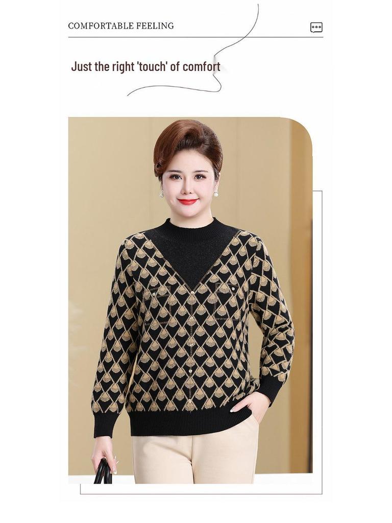 Plus Size Warm Knit Pullover for Women - Autumn/Winter Round Neck Sweater for Middle-aged & Elderly