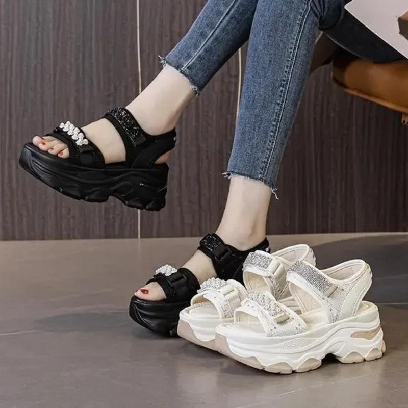 Fashion 7CM Cloth Synthetic Leather Sandals Flat Women Slippers Pumps Platform Wedge Hook Summer Hollow Fashion Bling Peep Toe Shoes