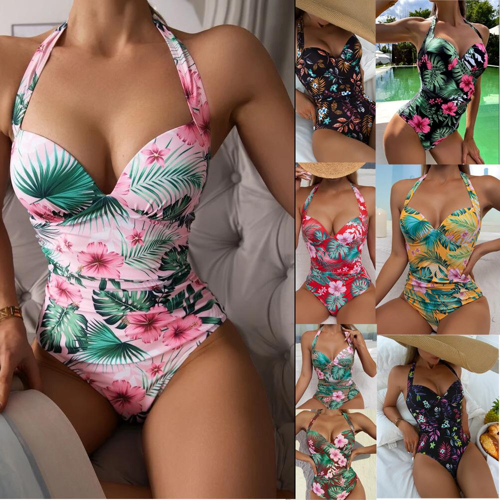 2026 New Printed Conservative One-Piece Halter One-Piece Hard Bag European and American Sexy Swimsuit