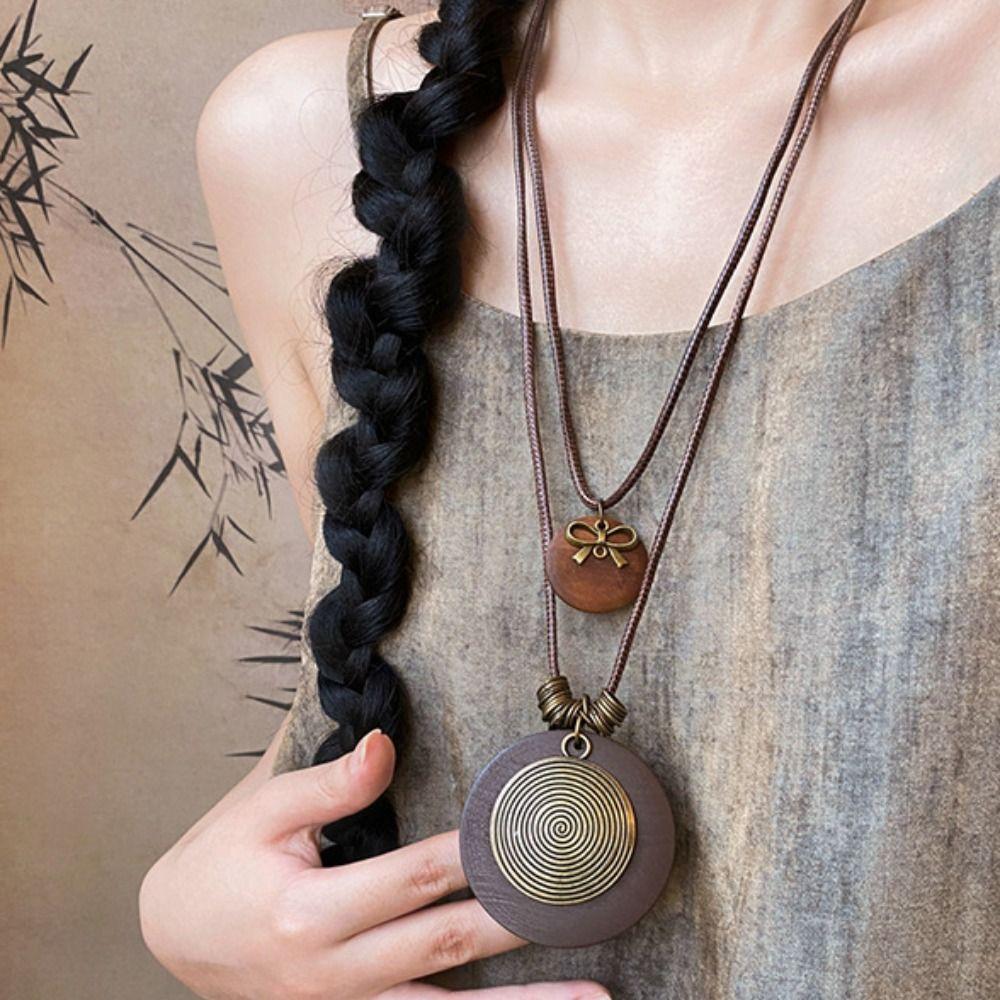 Geometric Ethnic Style Necklace Wood Long Sweater Chain Antique Bohemian Style Choker Lady