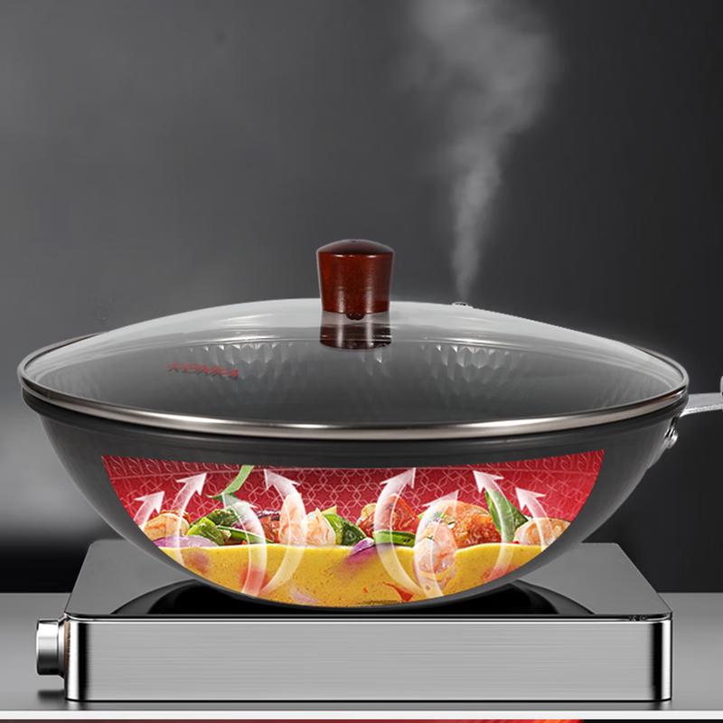 KONKA Non-stick Forged Cast Iron Wok with Glass Lid