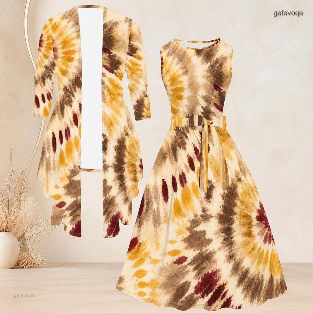 Women Plus Size Printed Two Piece Set 3 4 Sleeve Draped Cardigan Sleeveless Tie Waist Flared Dress