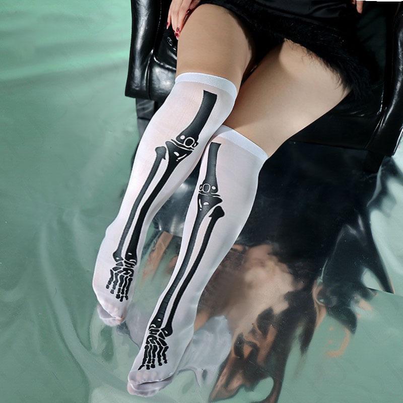 Skull Print Thigh-High Halloween Stockings – Polyester Over-the-Knee Socks