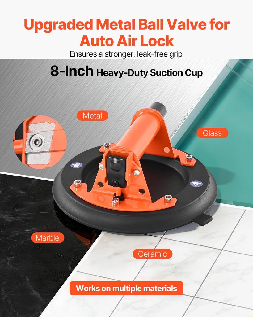 Vacuum Suction Cup, 203 mm Vacuum Glass Lifter with Metal Handle, 195 kg Max Lifting Capacity Tile Suction Cup Tool with Carrying Case for Lifting