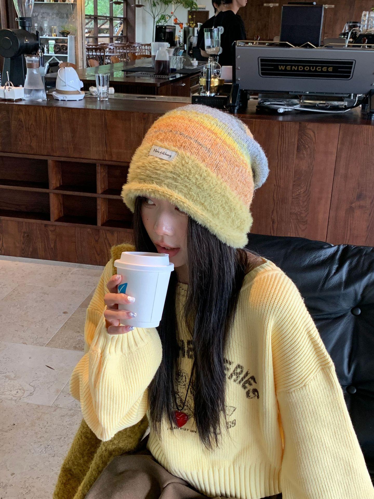 Maillard pile hat children winter warm big head circumference wool hat showing face small knitted hat cold hat women жёлтый