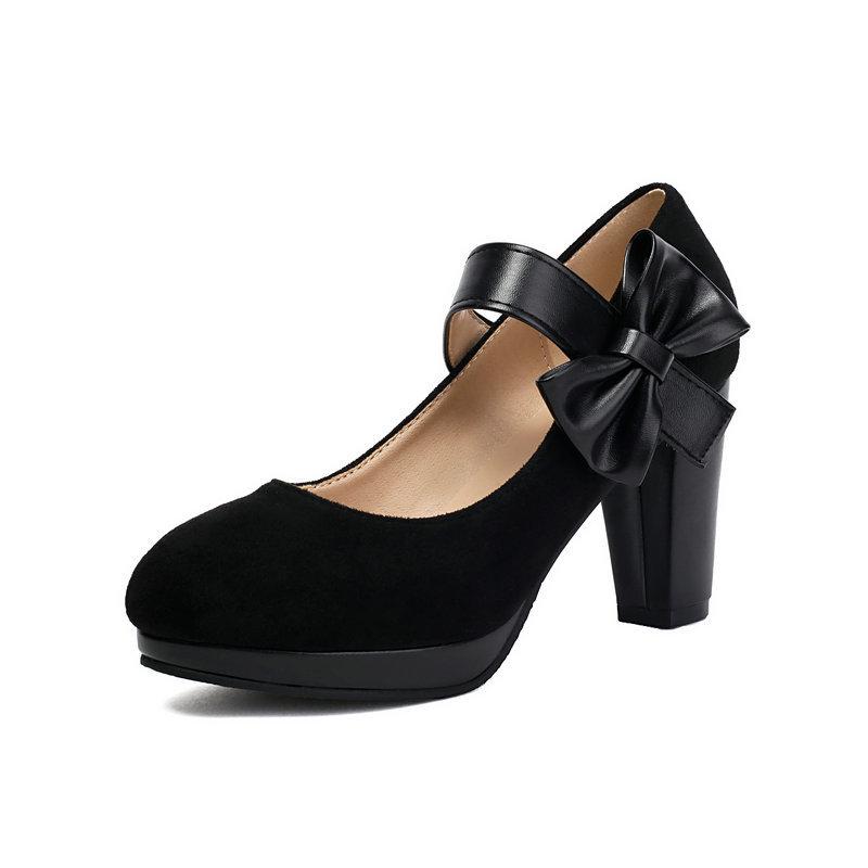 Suede Round Toe Chunky Heels with High Heels Bow Velcro Line with Single Shoes