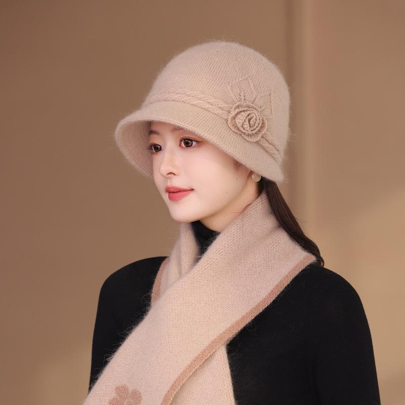 Autumn And Winter Hats Women'S Solid Color Flower High-End Mother Hat Plush Rabbit Fur Warm Knitted Wool Hat