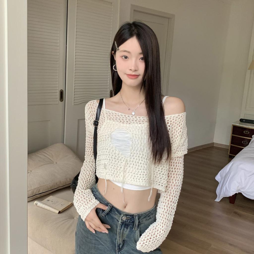 Vintage Hollow Out Crochet Knit Cardigan Thin Women's Autumn Outer Wear Long Sleeve Cover Up Ripped Ice Silk Short Top