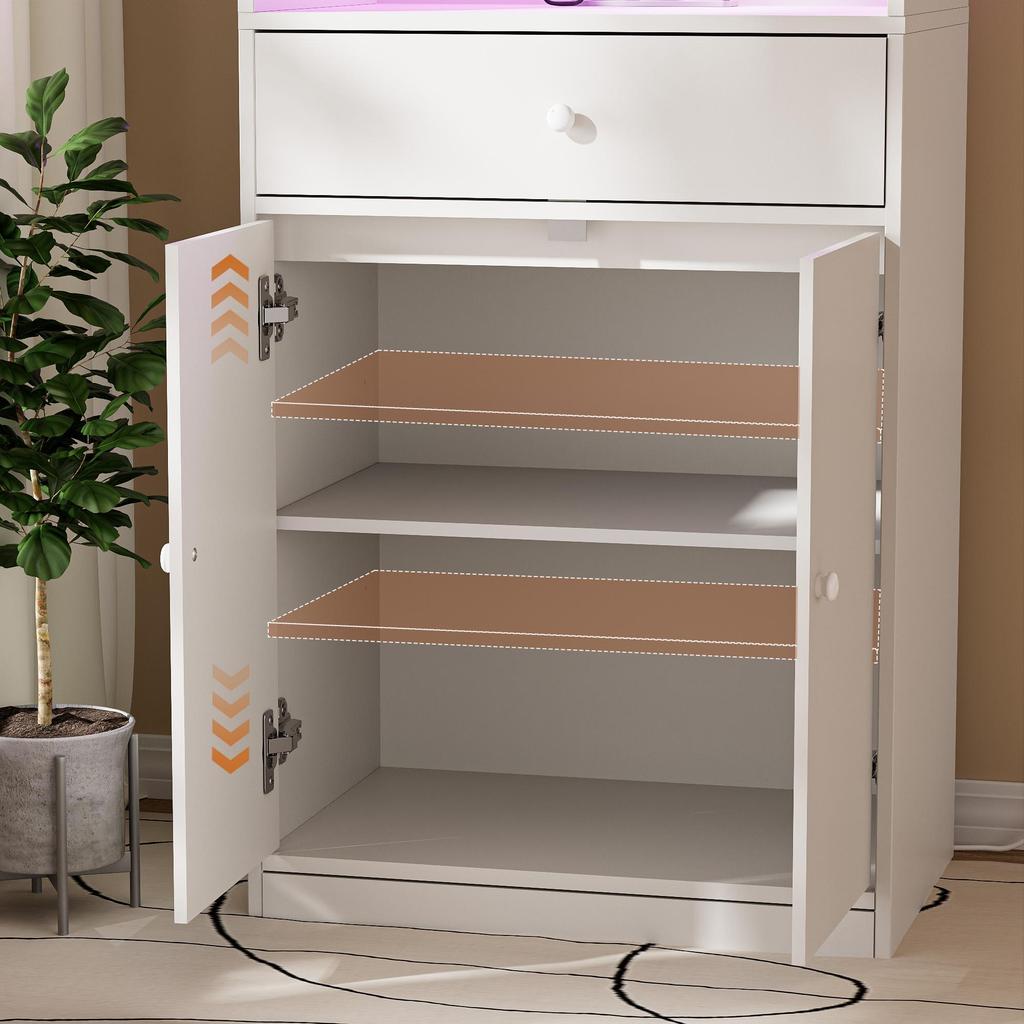 Cabinet - Wooden sideboard, 2 AC power ports/2 USB ports, Bluetooth LED light strip, single drawer, white.