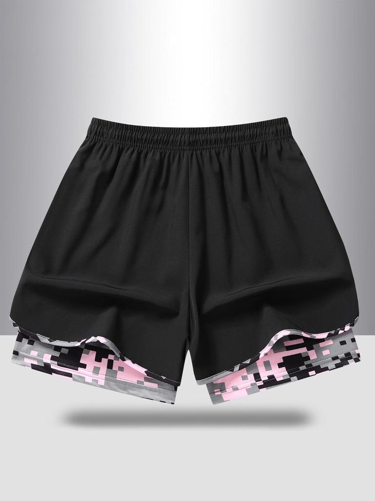 Women's Summer Double Layer Camo Sports Shorts - Quick-Dry Mesh with Pockets
