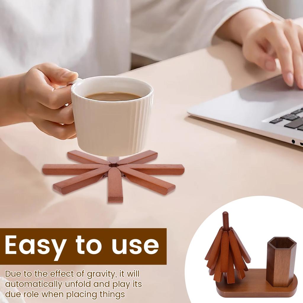 Tree Trivet Set Wooden Foldable Kitchen Trivet with Utensil Holder Heat Resistant Desktop Protective Pad for Hot Dishes Pot Bowl