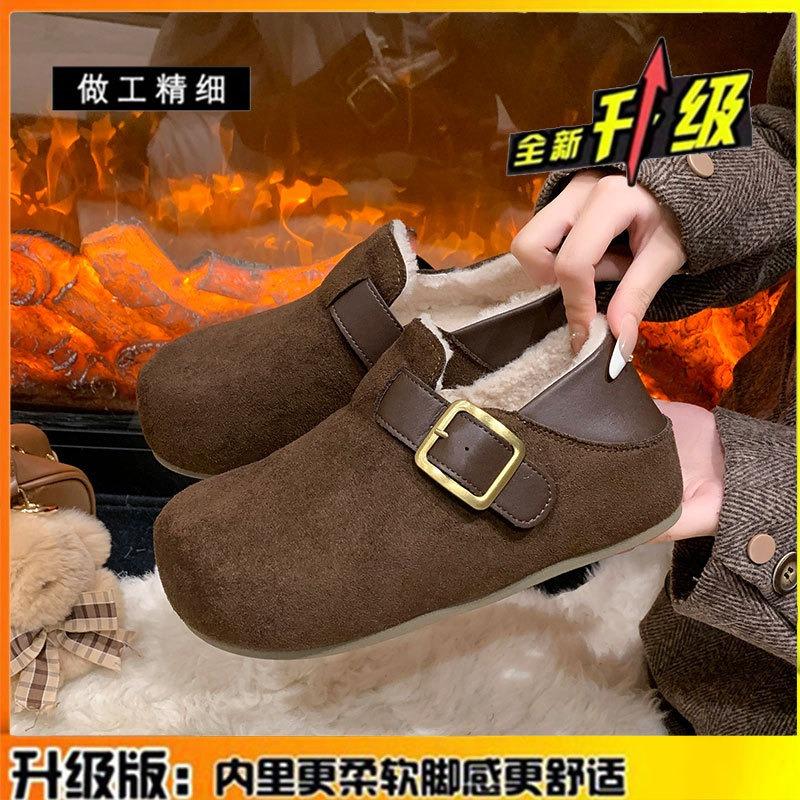 Leather thick-soled velvet two-wear women's shoes, new winter warm inner heightening bag head loafers cotton shoes