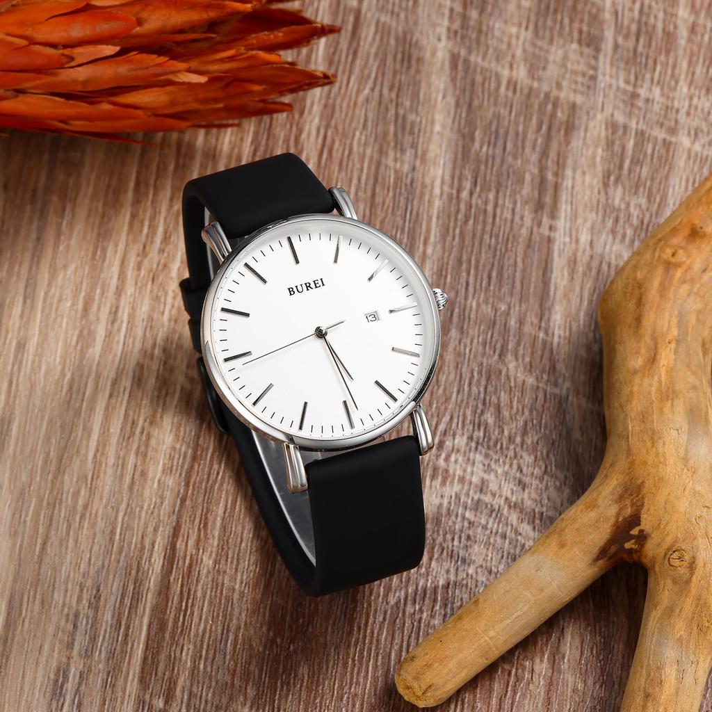 BUREI Men's Watch, Simple Analog, Waterproof, Quartz Movement, Date Display, Lightweight, Stylish, Business, Popular Brand, Black Silica Gel Strap (Wh