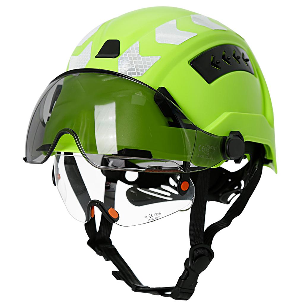 Casco di Sicurezza CE per l'Edilizia con Doppi Occhiali Integrati Visiera Adesivi Riflettenti Elmetto ANSI Cappello da Lavoro Industriale per Ingegnere