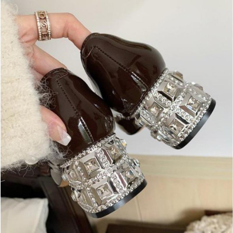 Fashion Shoes for Women Mary Jane Woman Footwear Gothic Round Toe with Medium Heels Diamond Crystals Rhinestone Pearl Popular Stylish