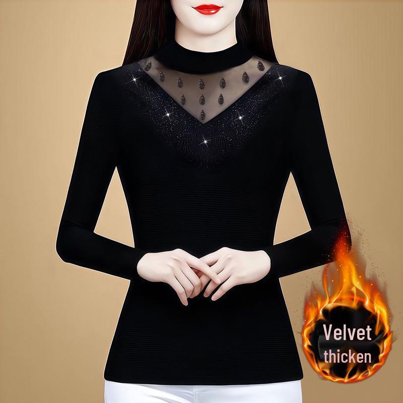 2025 Autumn/Winter Women s Slimming High Elastic Mesh Semi-High Neck Long Sleeve Top 4XL