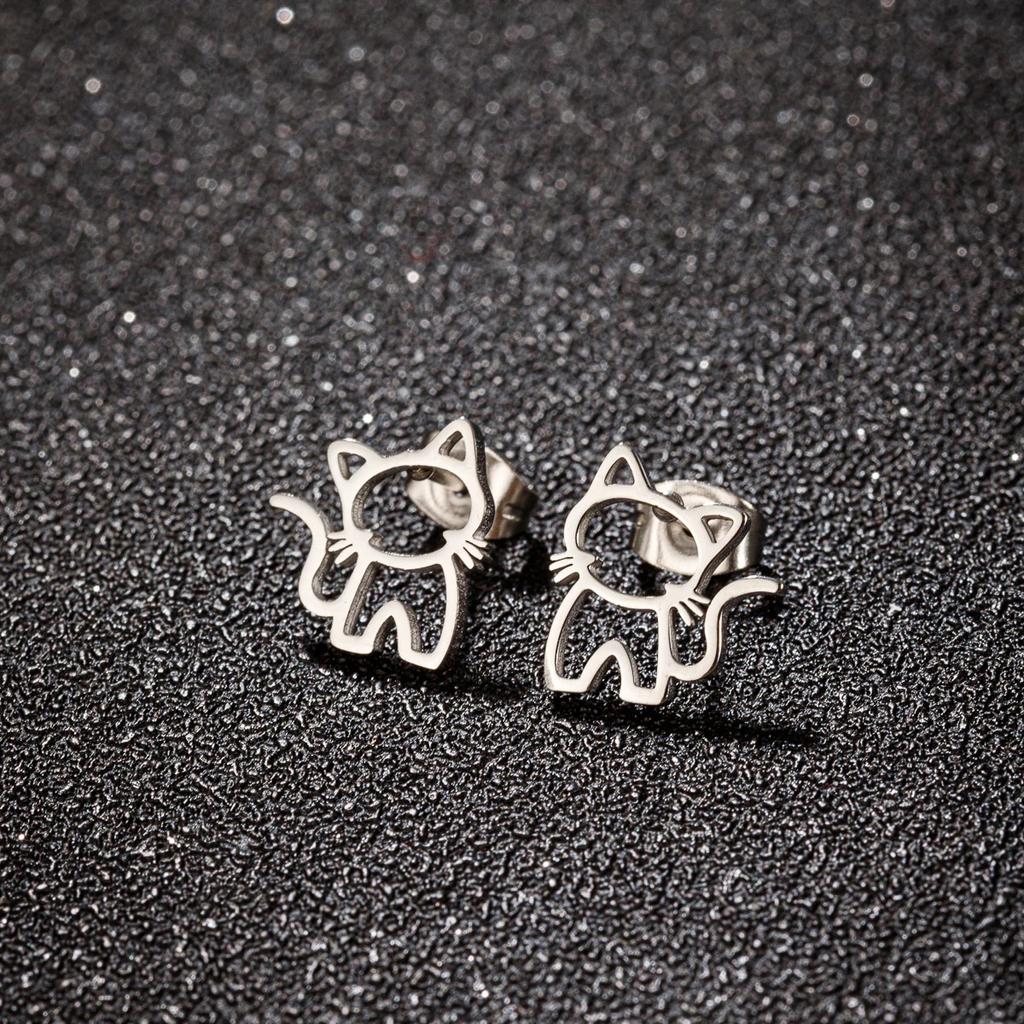 1 Pair Cute Cat Stainless Steel Stud Earrings For Womens Punk Jewelry Gifts Trend Fashion Small Ear Studs Jewelry