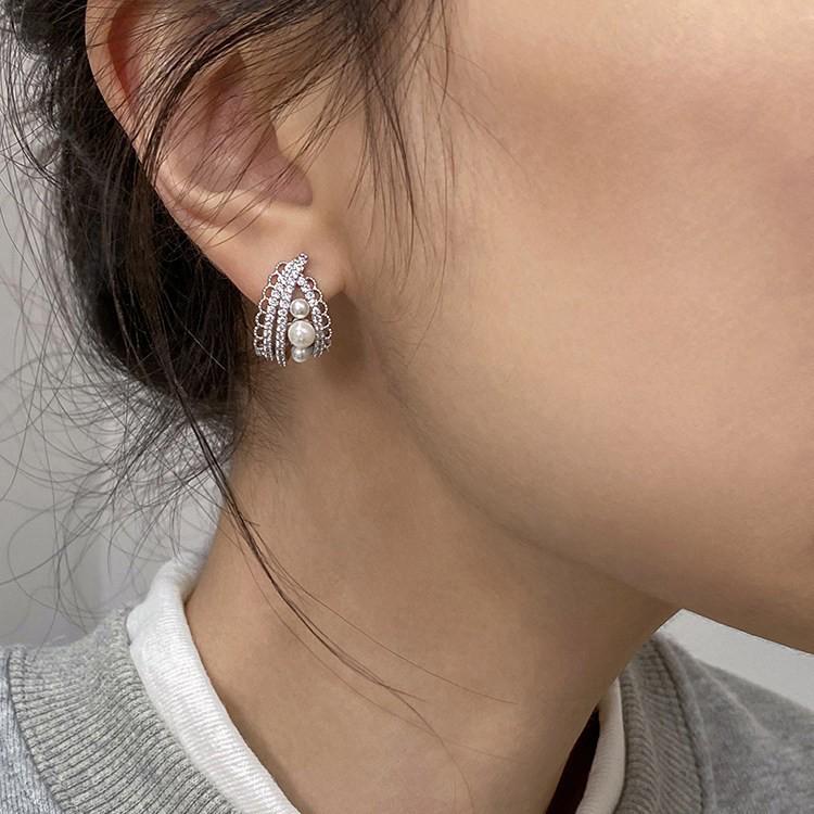 French Pearl & Zircon Earrings: Women's Light Luxury Lace Edged Studs, Hoops, and Clips.