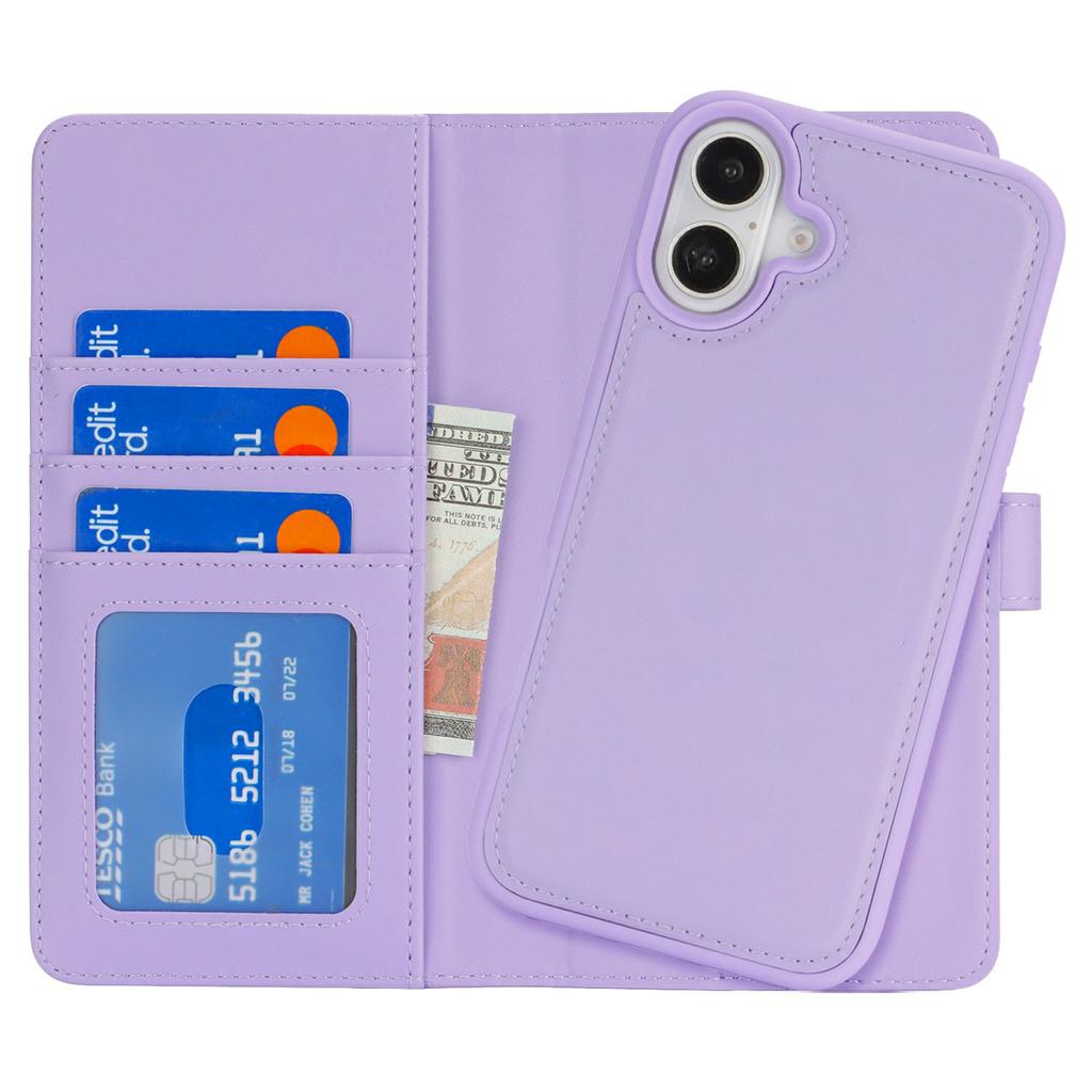 For iPhone 16 Plus Wallet Case Compatible with MagSafe Anti-Drop Detachable PU Leather Phone Cover