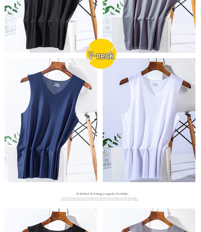 Men's Plaid Ice Silk Sleeveless Quick-Dry Tank Top - Breathable, Seamless Sports Fitness Undershirt for Summer.