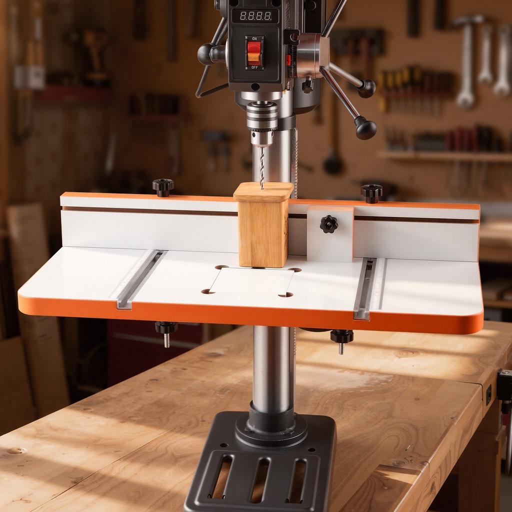 Drill Press Table, 605 x 300 mm, Worktable with an Adjustable Fence and Stop Block, Highly Compatible T-Slots, MDF Tabletop, Built-In Scale, Support