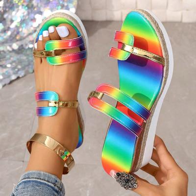 Women's Summer Wedge Slide Sandals, Colorblock Open Toe Slip On Shoes, Casual Summer Beach Vacation Sandals