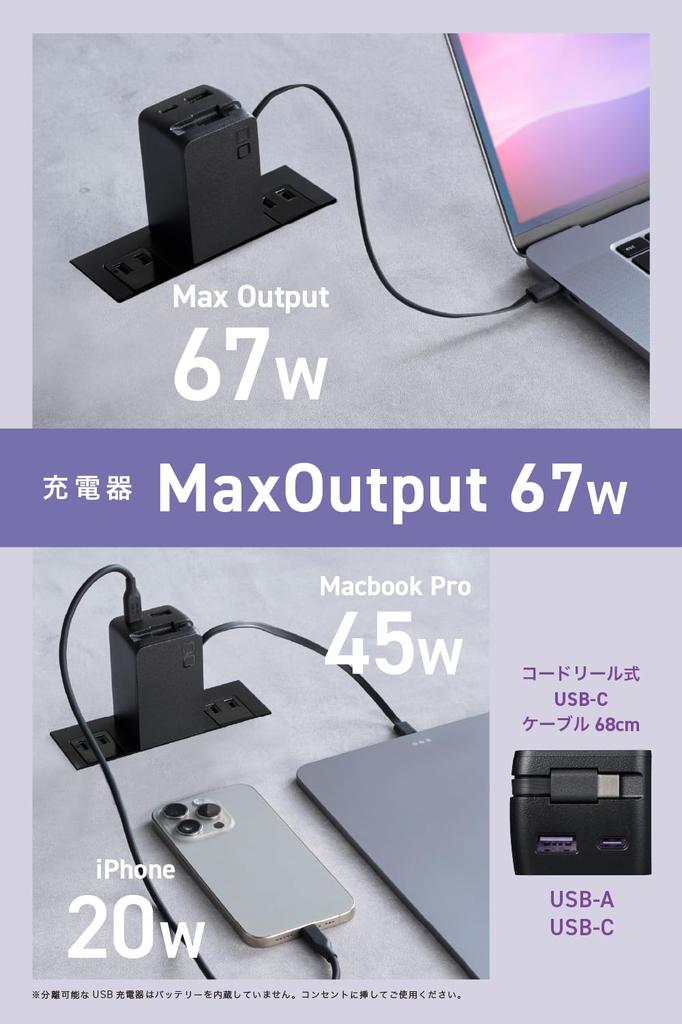 CIO Extension Power Strip with USB Ports, Polaris STICK Built-in Cord Reel (Black), PD 65W, 65cm USB Cable Reel, Built-in Fast Charger (Battery Not In