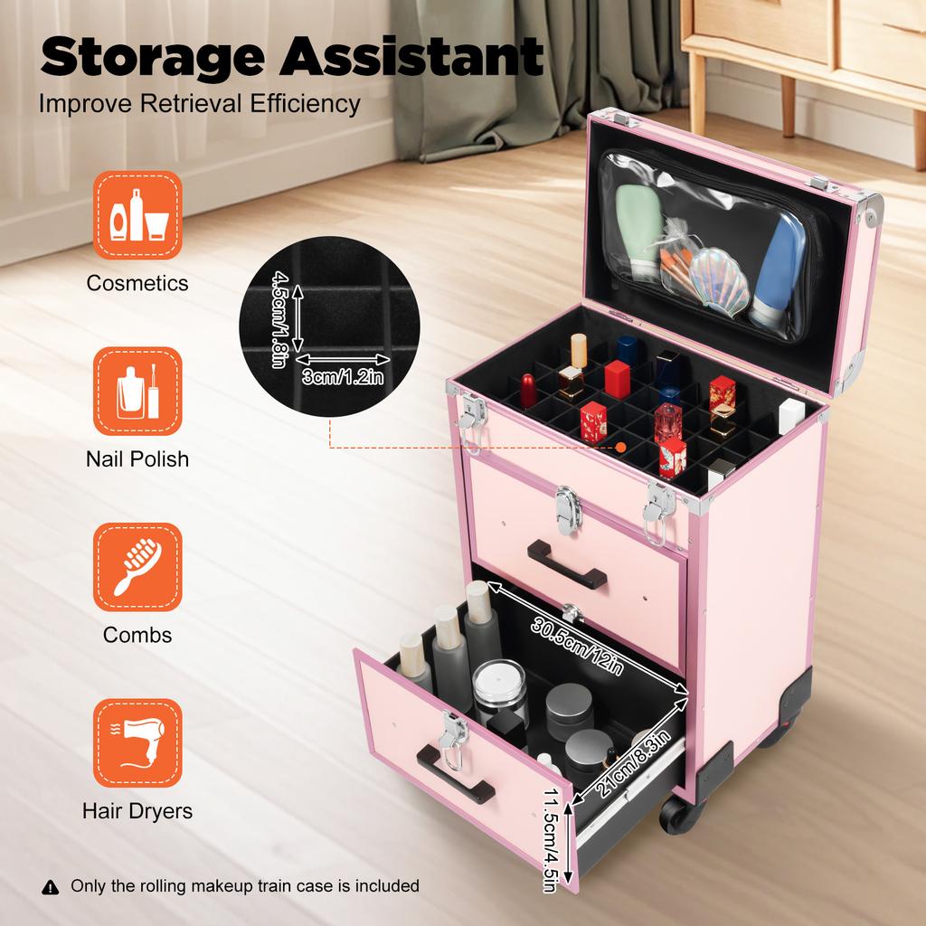 Rofessional Rolling Makeup Case, 3-Layer Train Case with 40 Compartments & 2 Drawers, 50kg Capacity Portable Beauty Organizer